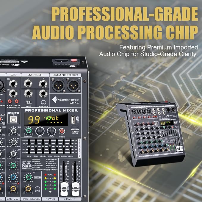 6 Channel Audio Mixer Sound Board Console System 99 DSP DJ Mixer 48V Phantom - Image 6