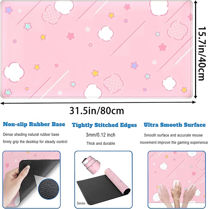 Pink Mouse Pad Large Desk Mat Gaming, Kawaii Desk Pads Stars Mouse Mat XXL Cute - Image 4