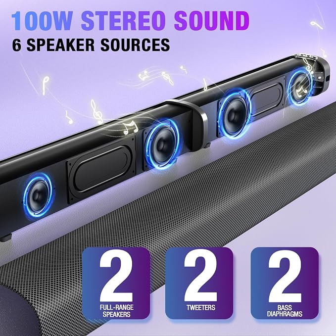 Sound Bar, 100W Sound Bar for Smart TV, 2 in 1 Detachable Home Speaker Bass - Image 3