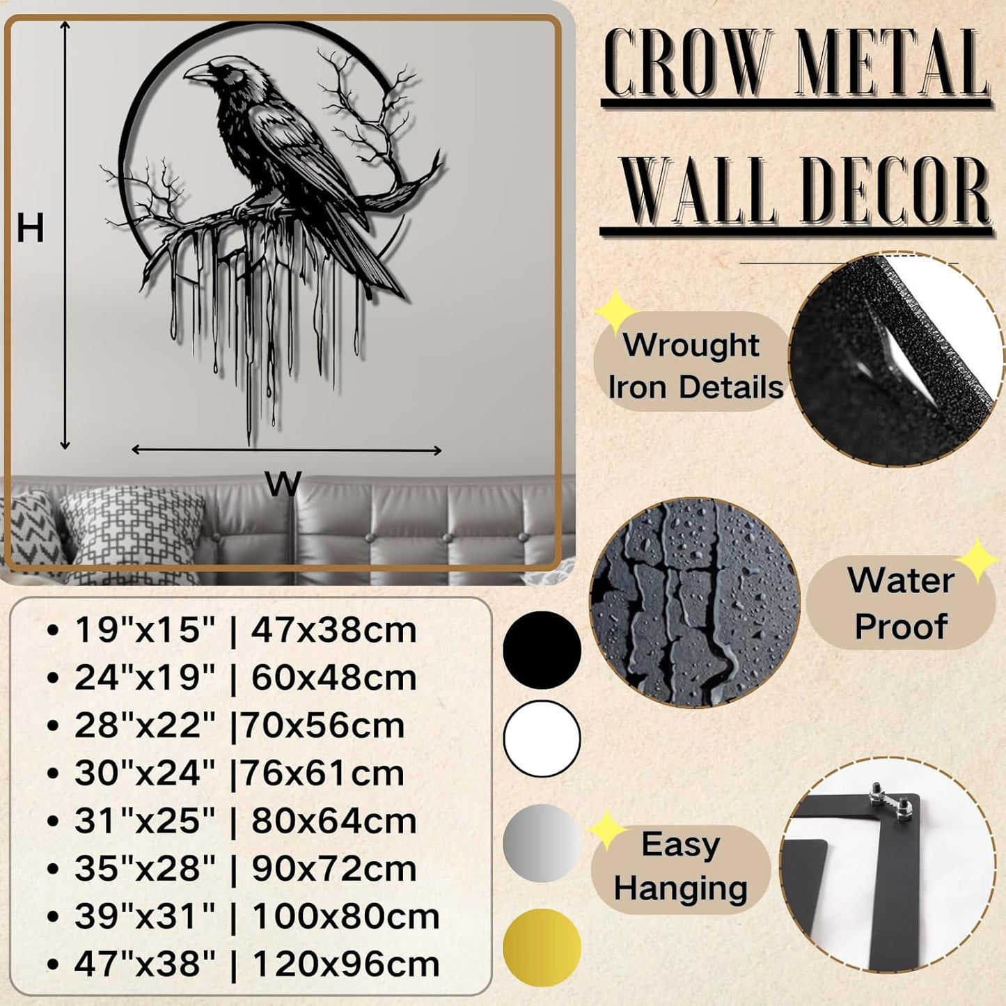 Crow Metal Wall Decor, Raven Wall Art, Large Gothic Raven Decor Hangings, Bird Wall Decor, Metal Tree Branch Decor, Ravens Sign, Raven Art for Living Room (Black, 24"x19" | 60x48cm, metal wall art)