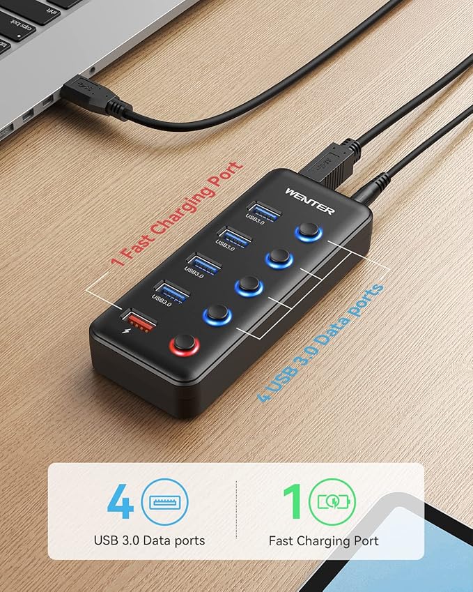 Powered USB Hub, Wenter 5 Ports USB 3.0 Hub - Image 3