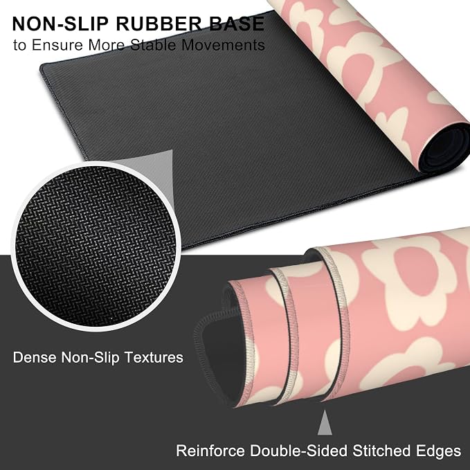 Mouse Pad, Large Pink Groovy Flowers Desk Mat, Extended Non-Slip Gaming - Image 3