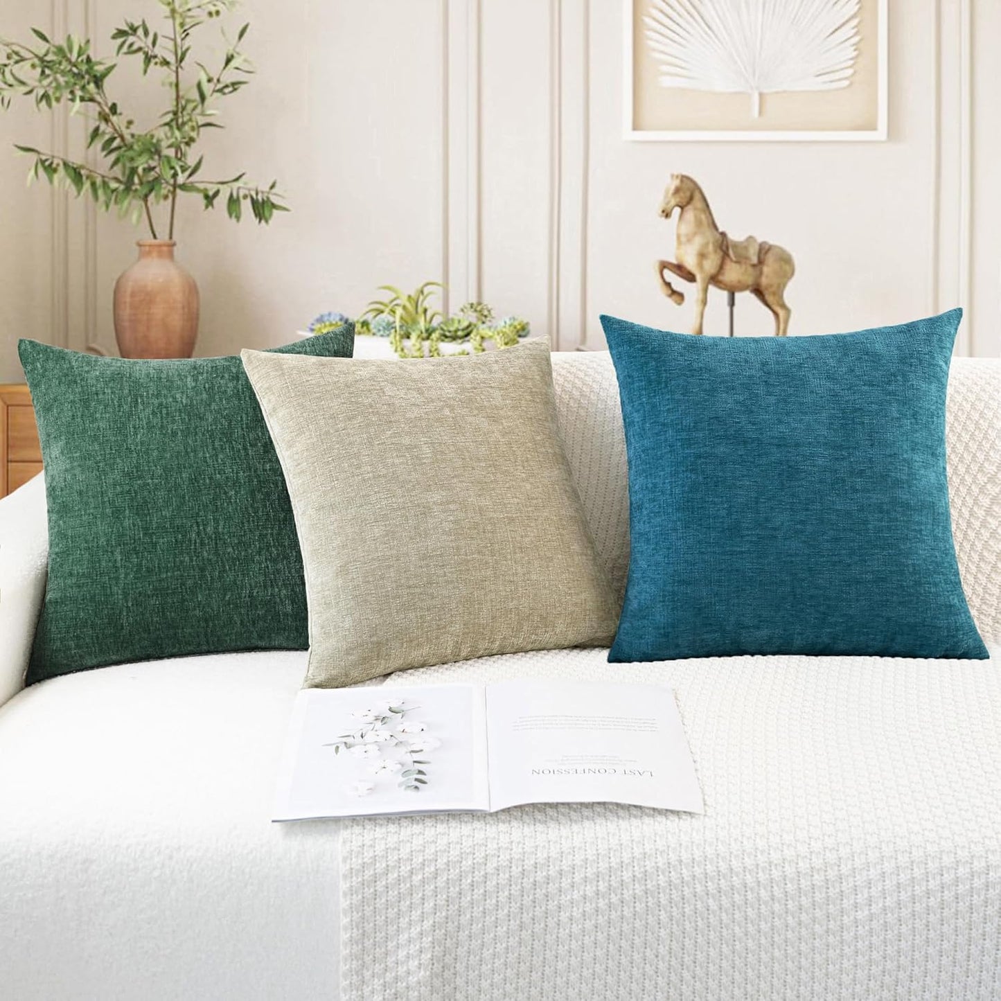 CaliTime Throw Pillow Covers Decorative 16 X 26 Inches Pack of 2 Cozy Chenille Cushion Cases for Couch Sofa Bed Living Room Home Dark Green