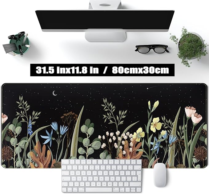 Cute Gaming Black Wild Flowers Desk Mat Mouse Pad Star Moon Floral Mousepad - Image 2