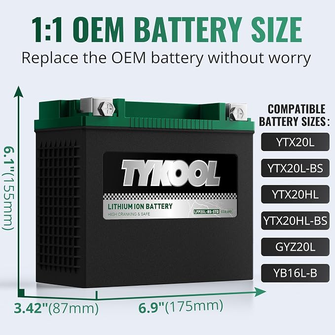 TYKOOL YTX20L-BS-STD Lithium LiFePO4 Motorcycle Battery 12v, 2X Cranking Amps - Image 3