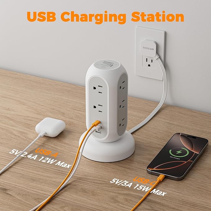 Surge Protector Power Strip Tower, TESSAN 5 FT Retractable Extension Cord - Image 5