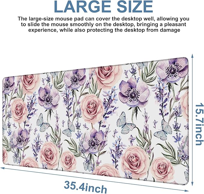 Gaming Desk Pad Large Extra Length Lavender, Roses and Anemone Mouse Pad - Image 3