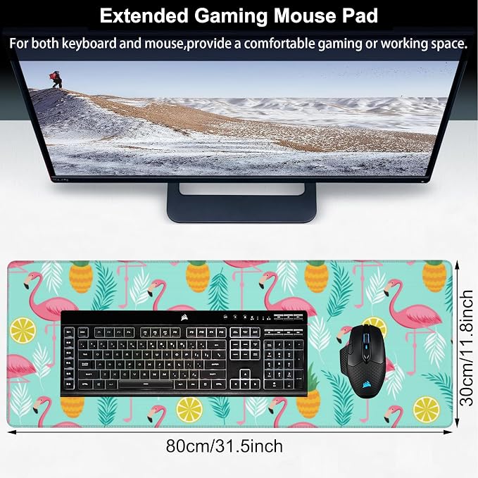 Pink Flamingo Desk Mat, Large Summer Flamingos Pineapples Tropical Leaves - Image 2