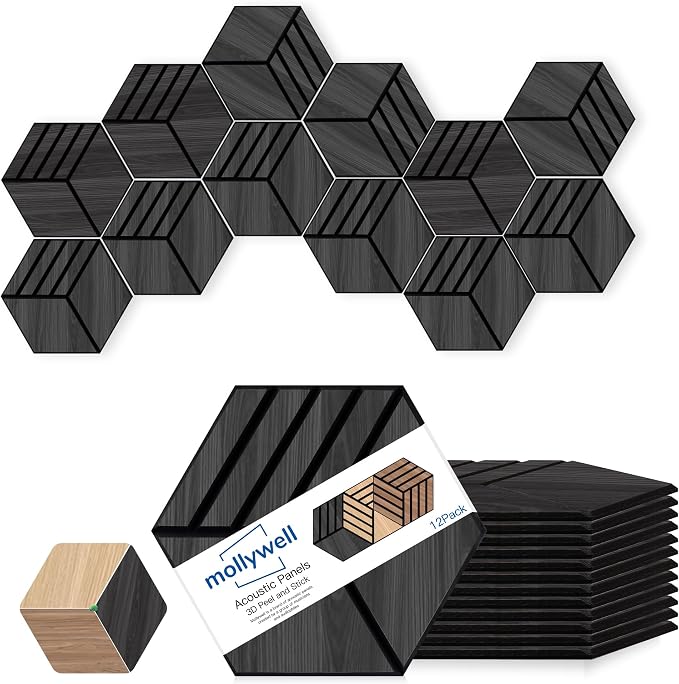Mollywell Hexagon Acoustic Panels, 12 Pack |Wood Veneer|High Density Sound by Mollywell