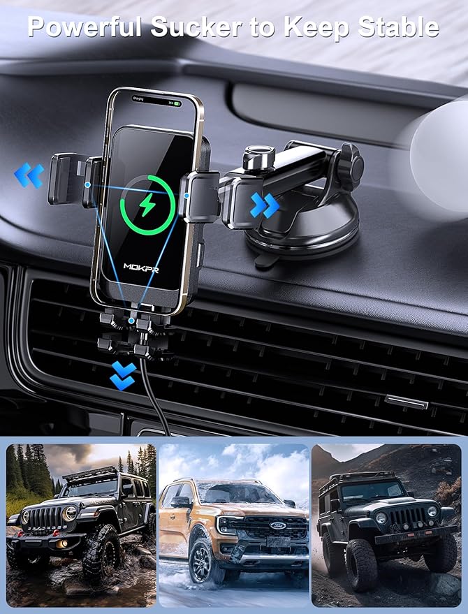 Wireless Car Charger, MOKPR 15W Fast Charging Auto Clamping Dashboard - Image 4
