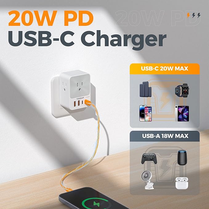 USB C Charger Block 20W PD, TESSAN 4 USB Wall Charger Fast Charging - Image 2