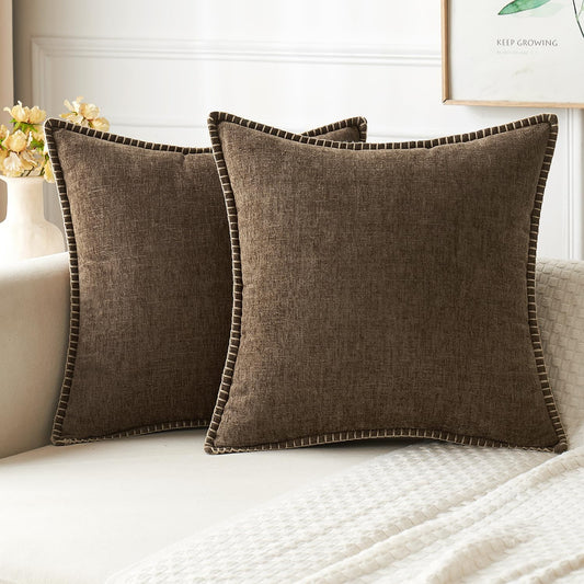 MIULEE Pack of 2 Couch Throw Pillow Covers 24x24 Inch Brown Farmhouse Decorative Pillow Covers with Stitched Edge Soft Chenille Solid Dyed Spring Pillow Covers for Sofa Bed Living Room