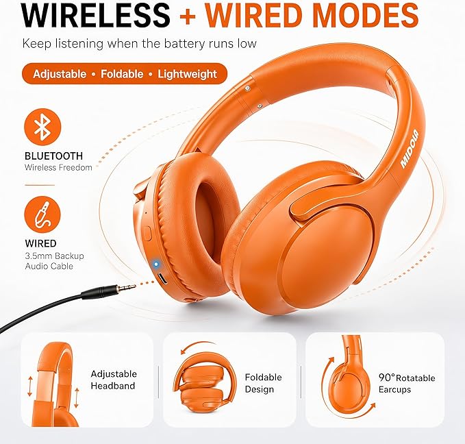 MIDOLA Bluetooth Headphones Over Ear 68H Playtime 6 EQ Wireless Headset - Image 3