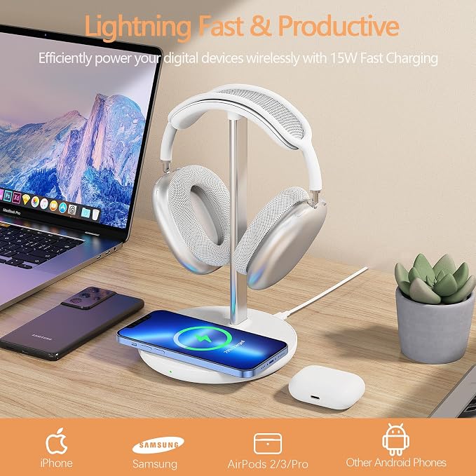 Headphone Stand with Wireless Charger, Gaming Headset Holder Hanger Rack 2 in 1 - Image 4