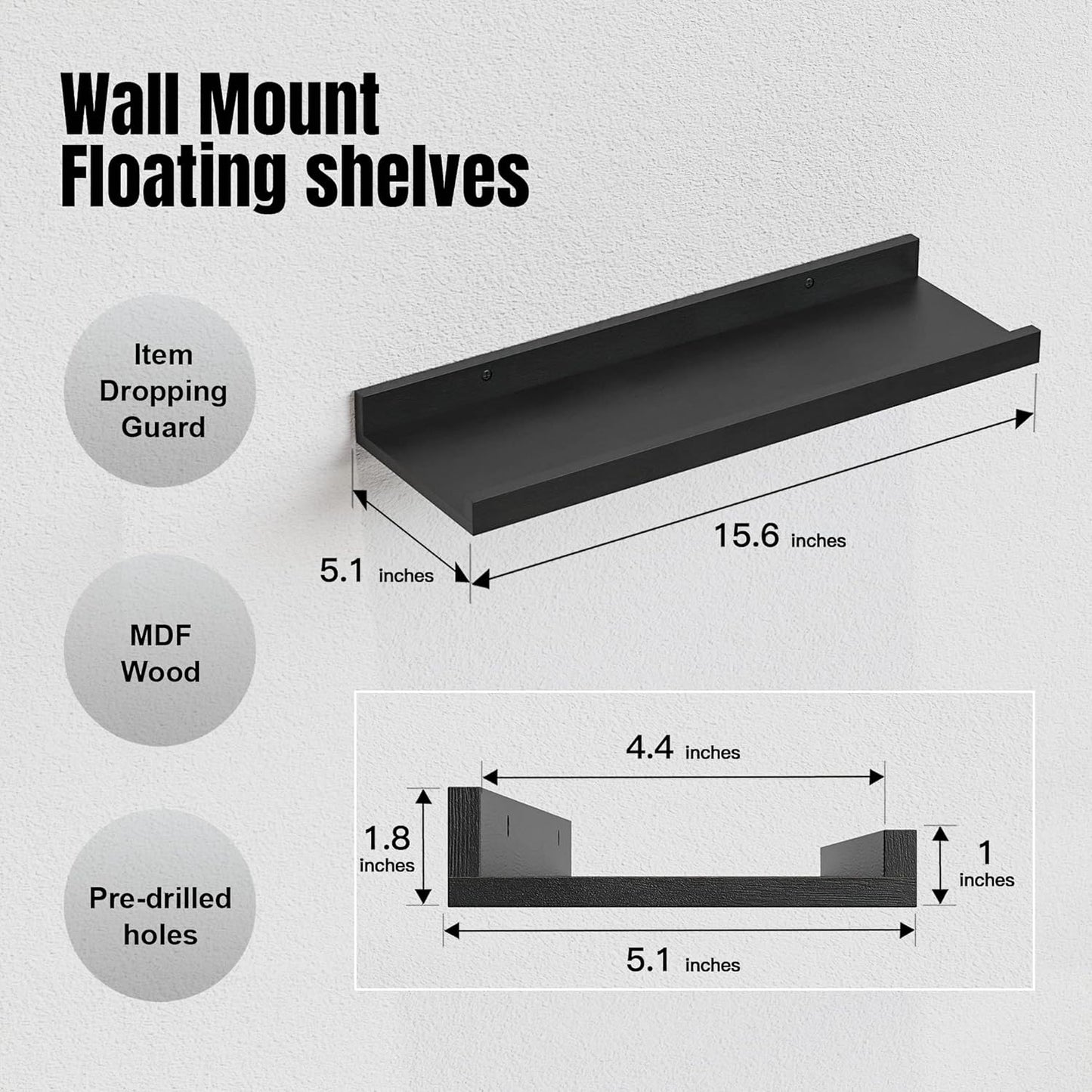 RICHER HOUSE Floating Wall Mounted Shelves, 8pc Set with Lip - Black Nursery Book Shelves for Bedroom, Bathroom, Kitchen Decor Storage