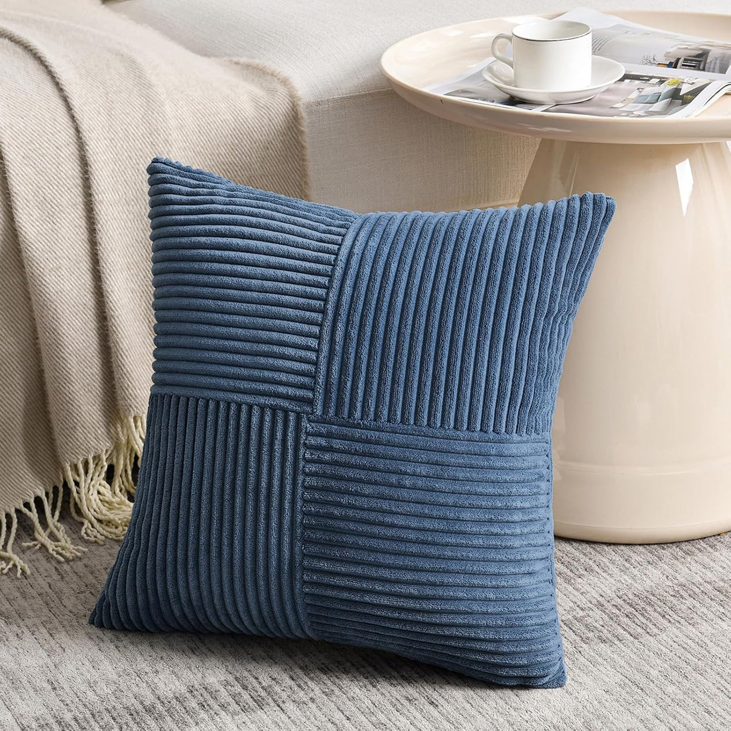 Fancy Homi 2 Packs Dusty Blue Decorative Throw Pillow Covers 20x20 Inch for Living Room Couch Bed Sofa, Rustic Farmhouse Boho Home Decor, Soft Corss Corduroy Patchwork Accent Cushion Case 50x50 cm