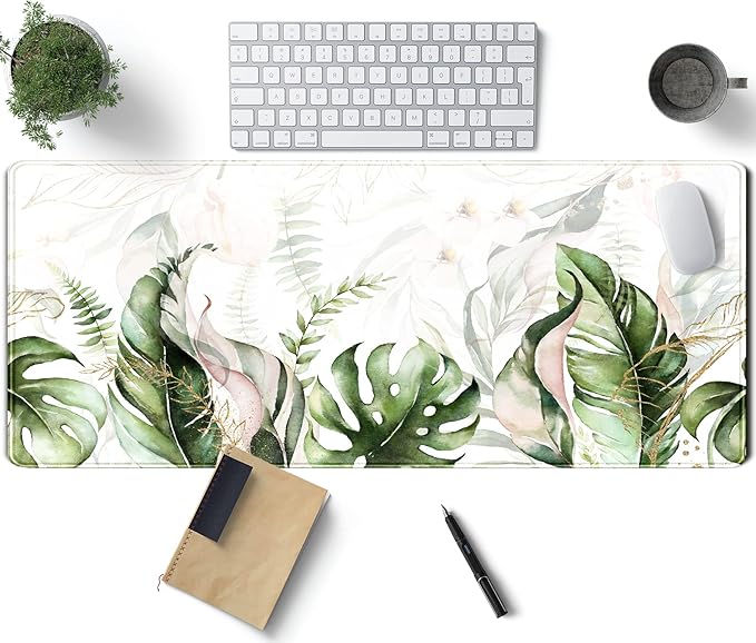 Green Tropical Leaves Desk Mat XL Large Gaming Mouse Pad Green Sage Plant by TENG+DA+QING