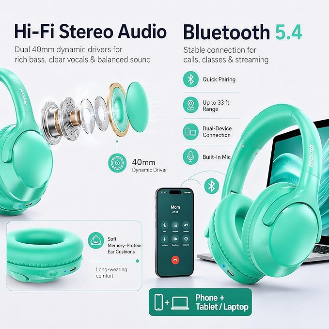 MIDOLA Bluetooth Headphones Over Ear 68H Playtime 6 EQ Wireless Headset - Image 9