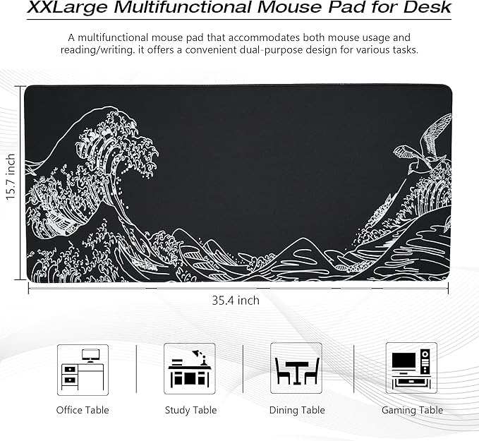 Large Gaming Mouse Pad for Desk, Kanagawa XXL Mouse Pad 35.4x15.7 Inch - Image 2