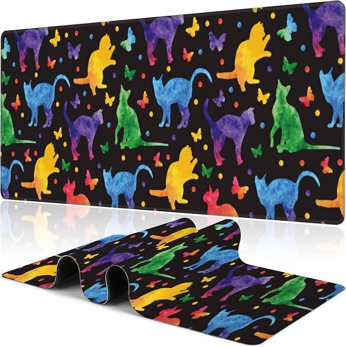 Colorful Cats and Butterflies Desk Mat, Large Watercolor Kittens Butterfly by NIYLYNSYN
