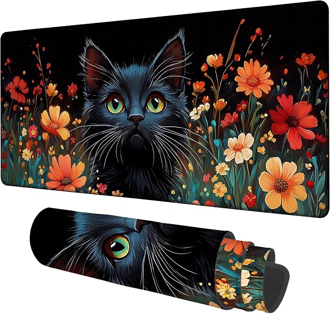 Black Cat and Flowers Gaming Mouse Pad 3mm Thick Stitched Edge Waterproof by Unknown
