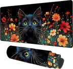 Black Cat and Flowers Gaming Mouse Pad 3mm Thick Stitched Edge Waterproof by Unknown