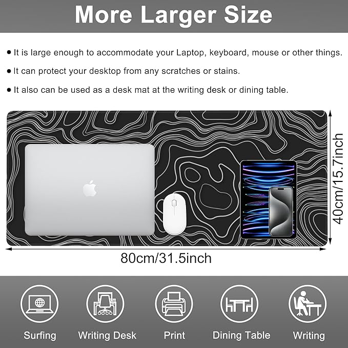 Mouse Pad, Large Mountain Topographic Terrain Map Desk Mat, Extended Non-Slip - Image 2