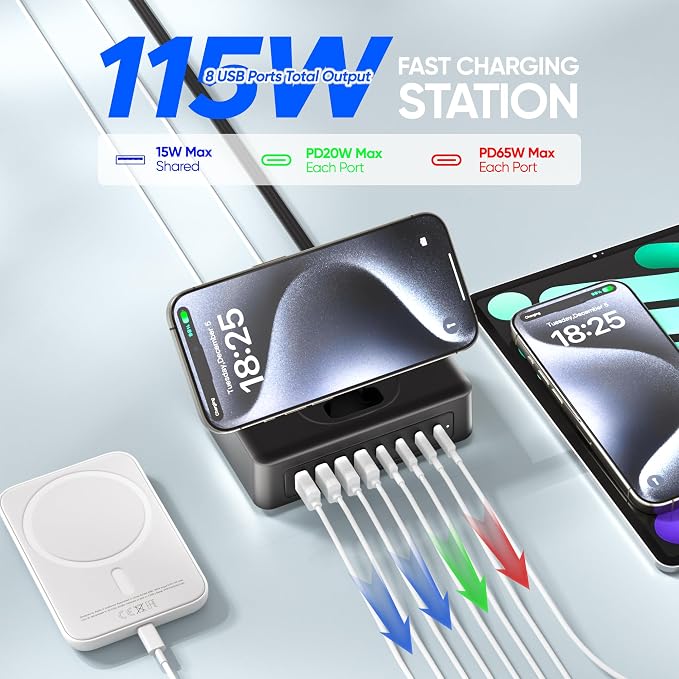 115W USB Charging Station Power Strip, 11-in-1 USB C Charger Block, 2AC Outlets - Image 4