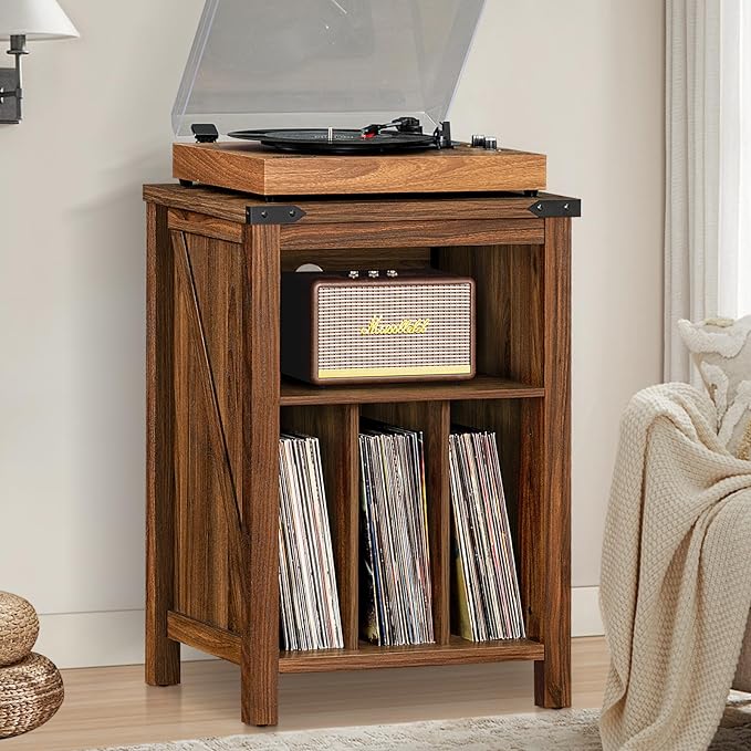 Record Player Stand with Vinyl Record Storage, Rustic Brown Record Player Table - Image 5