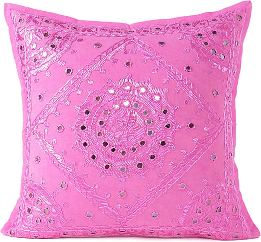 Eyes of India Embroidered Decorative Boho Throw Pillow Cover with Mirrors, Handmade Bohemian Accent Cushion Case for Sofa Couch Bedroom Living Room (Pink, 24" x 24")