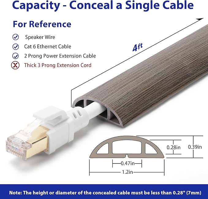 Floor Cord Cover 4ft, Cord Hider Floor Gray Wood, Cable Management Prevent Trips - Image 3