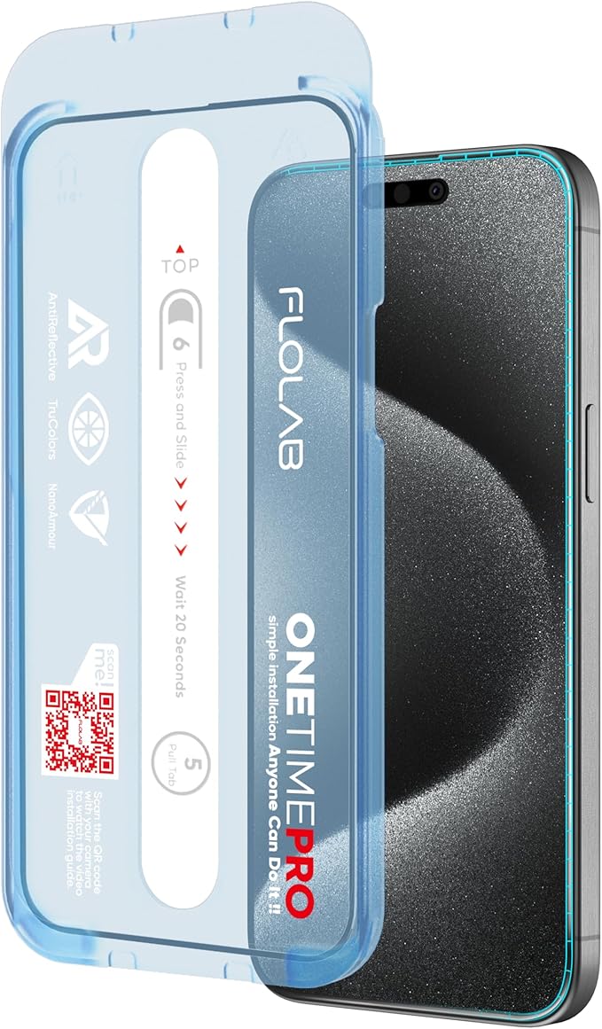 FLOLAB NanoArmour ONETIME PRO for iPhone 15 Screen Protector, Anti-Reflective by Flolab