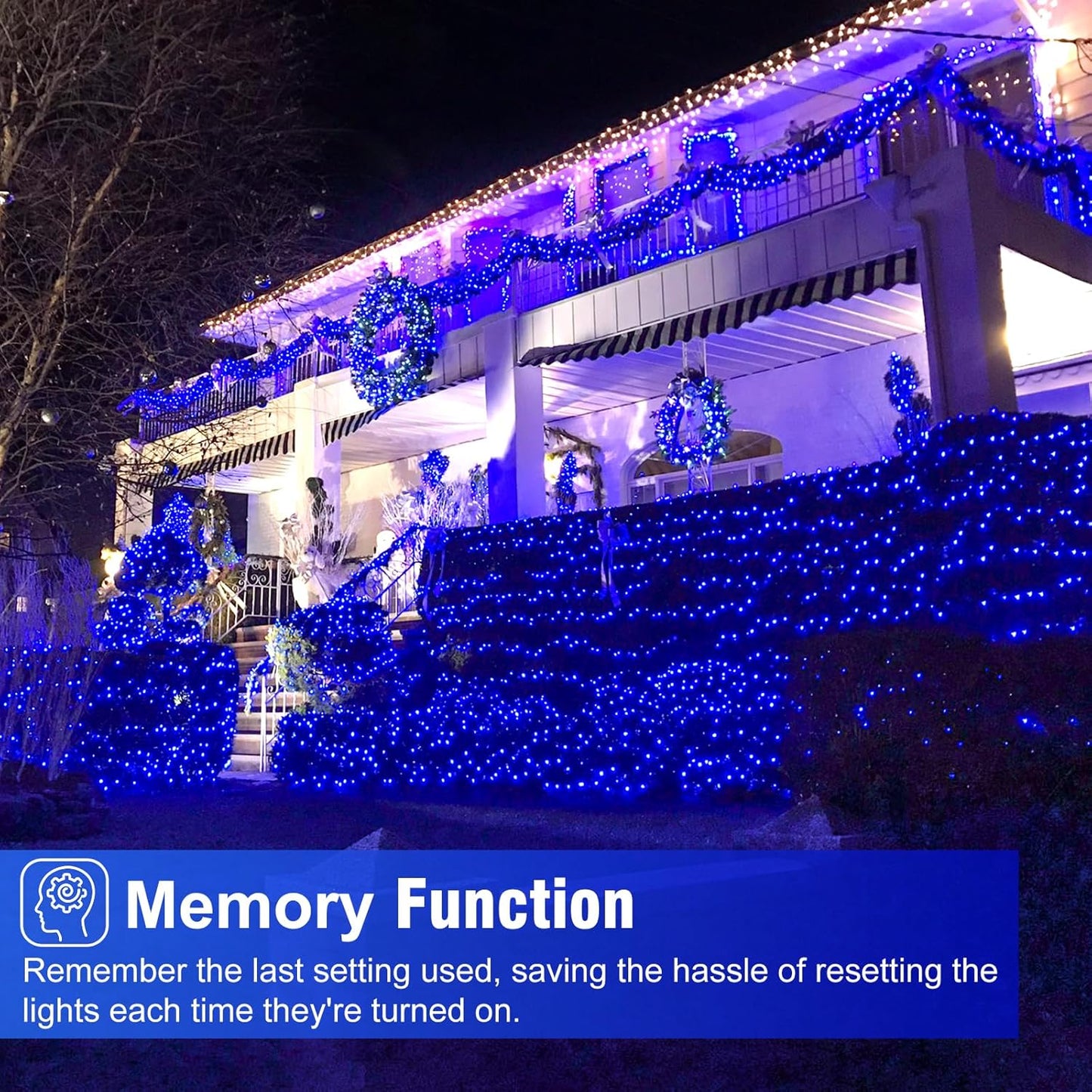 Christmas Lights Outdoor, 66FT 200 LED Christmas String Lights with 8 Modes Waterproof, Connectable Green Wire Twinkle Light for Tree Patio Garden Party Holiday Decorations, Blue