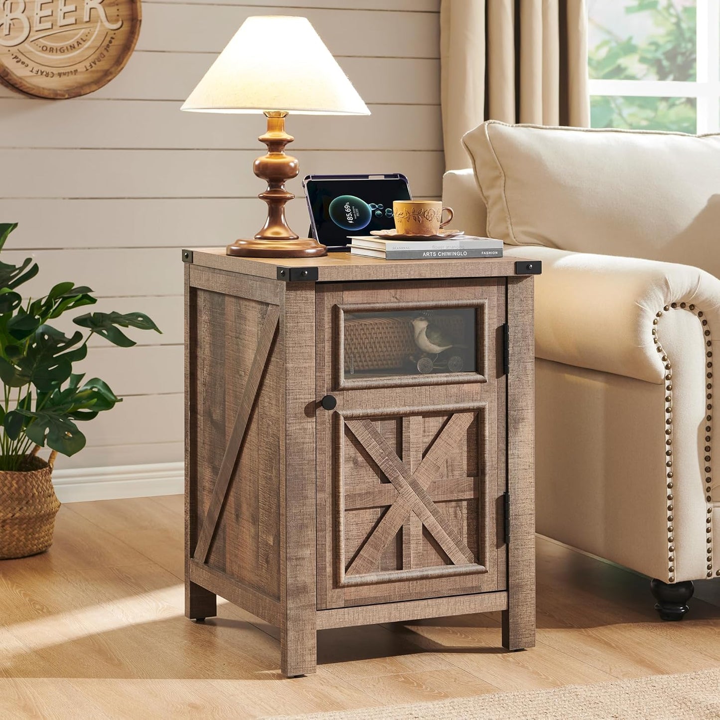 JXQTLINGMU Farmhouse End Table with Charging Station, 18'' Rustic Nightstand with Barn Door & Adjustable Shelf, Wooden Sofa Side Table with 3-Tier Storage for Living Room, Bedroom, Warm Brown