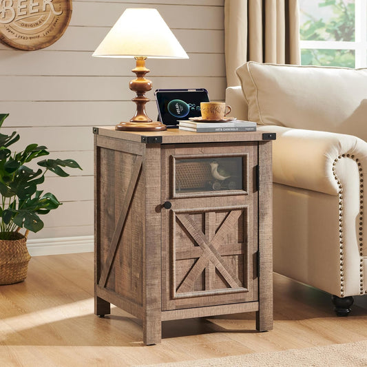 JXQTLINGMU Farmhouse End Table with Charging Station, 18'' Rustic Nightstand with Barn Door & Adjustable Shelf, Wooden Sofa Side Table with 3-Tier Storage for Living Room, Bedroom, Warm Brown