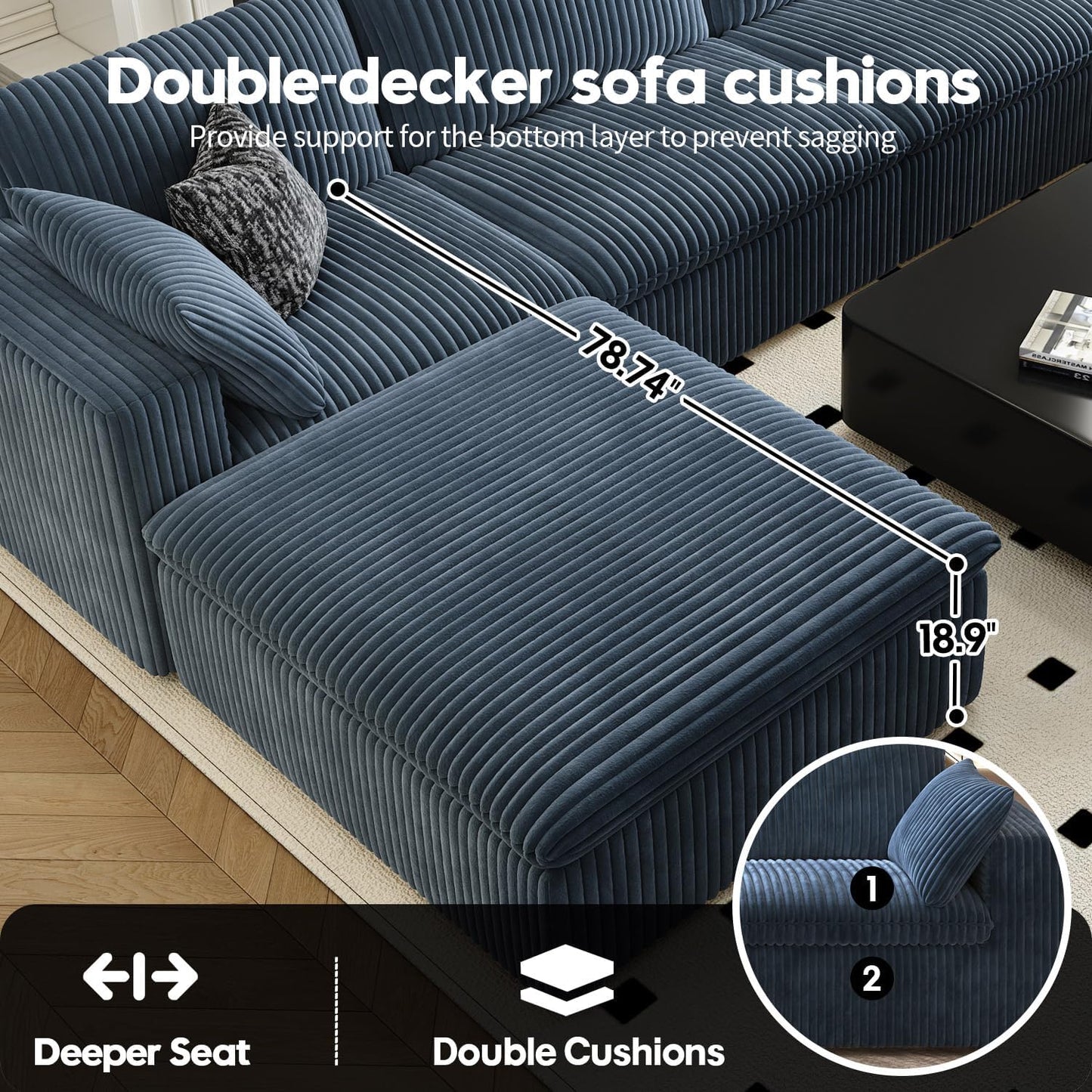 118" Cloud Couch Oversized Modular Sectional Sofa for Living Room,Modern Sofa with Deep Seat，6 Seater Boneless Couch,Comfy Upholstered Corduroy Couches for Apartment, Studio, Office,Bedroom，Blue