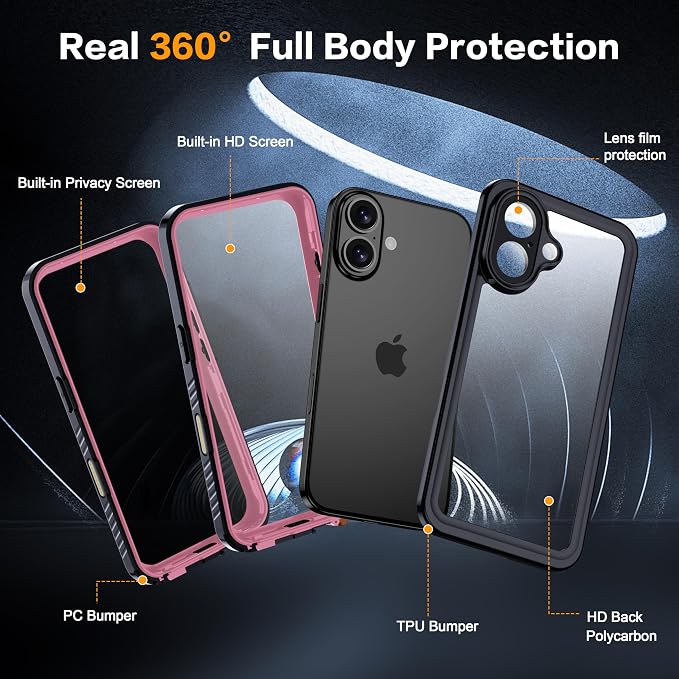 for iPhone 16 Case Waterproof, Built-in Privacy Screen & HD Screen Double Front - Image 2