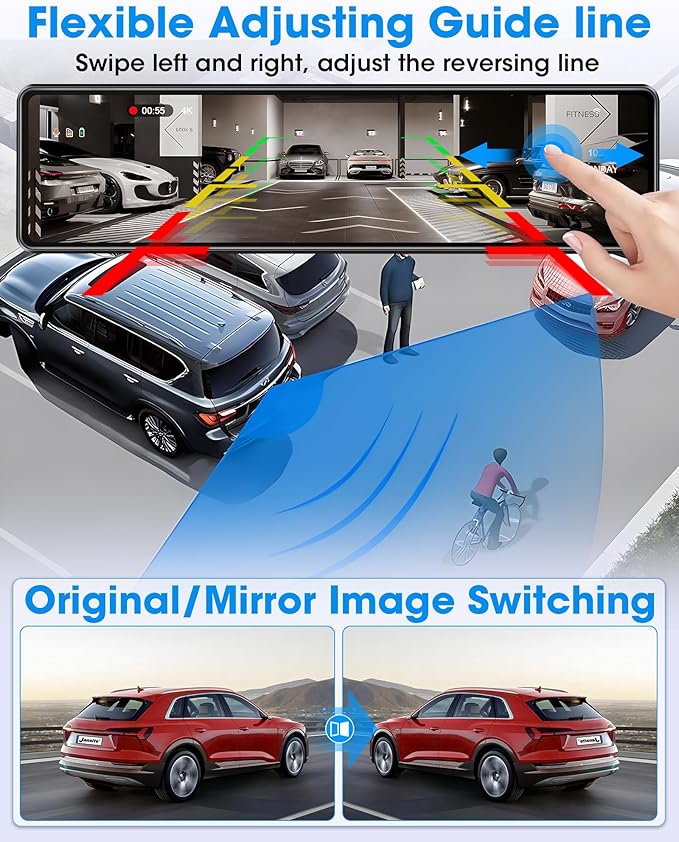 WiFi 4K Rear View Mirror Camera 12" Mirror Dash Cam Front and Rear w 64G TF - Image 5