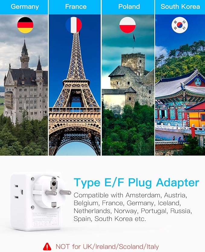 2 Pack Germany France Travel Plug Adapter, Type E/F Power Plug Adapter - Image 2