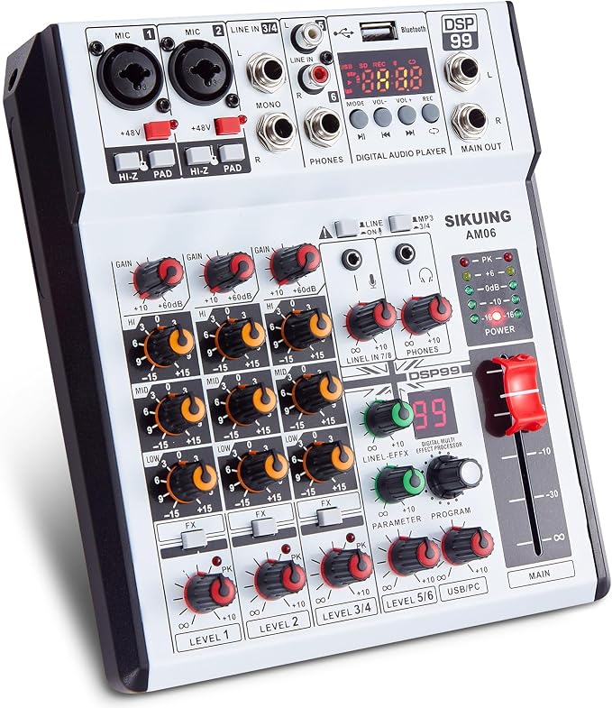 6 Channel Audio Mixer Professional Sound Board Console w/99 DSP Effects 48V by SIKUING