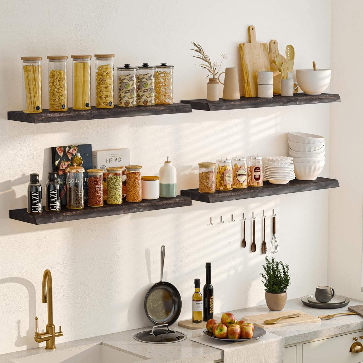 Fun Memories Solid Elm Wood Floating Shelves, 36 Inch Floating Shelves for Wall, Wall-Mounted Live Edge Wooden Shelves with Invisible Heavy-Duty Brackets for Books, Bathroom, Kitchen, Walnut Finish