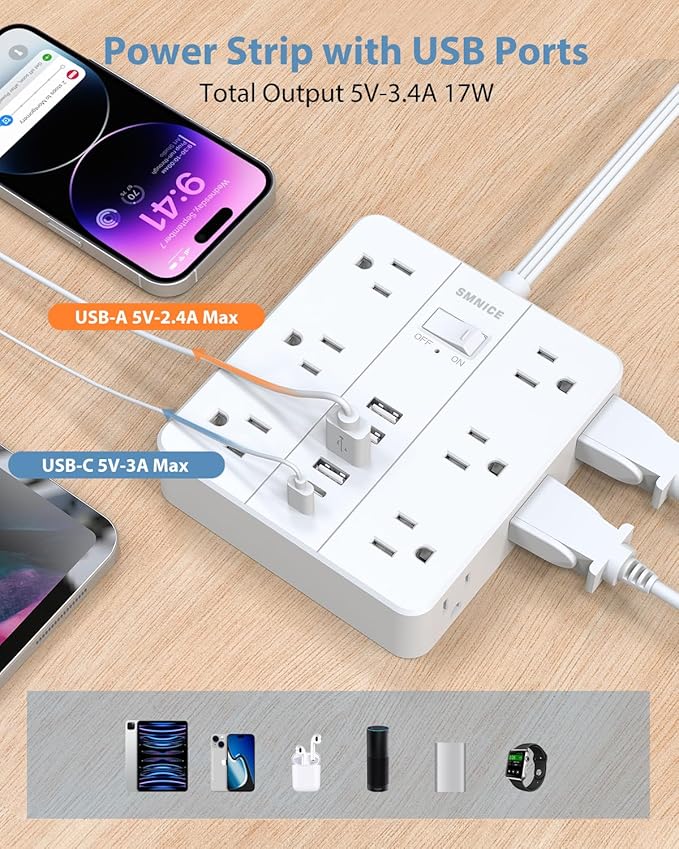 Power Strip Surge Protector 23ft Extension Cord, SMNICE Flat Plug - Image 5