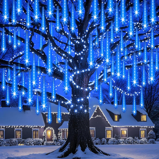 Outdoor Christmas Lights Meteor Shower Lights UL Certified 8 Tubes 192 LED Snow Falling Rain Drop Light Dripping Icicle String Light for Christmas Tree Decorations Xmas Wedding Party, Blue