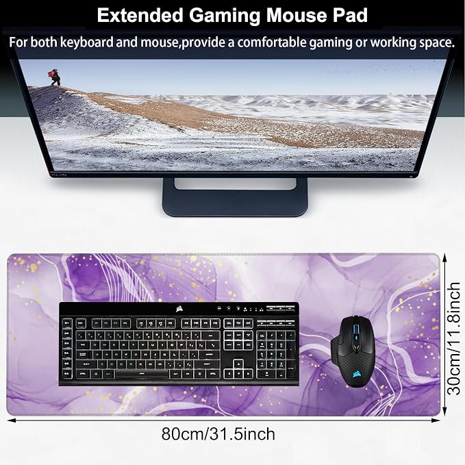 Watercolor Purple Marble Desk Mat, Large Violet Marble Texture Gaming Keyboard - Image 2