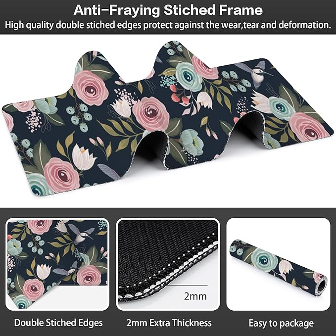 Colorful Flowers and Birds Desk Mat, Large Spring Floral Bird Gaming Keyboard - Image 3