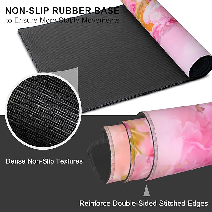 Mouse Pad, Large Pink Sakura and Butterfly Desk Mat, Extended Non-Slip Gaming - Image 3