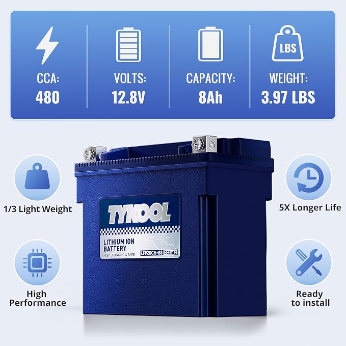 TYKOOL YTX20CH-BS Lithium LiFePO4 Motorcycle Battery, 12V 8Ah, Built in BMS - Image 5