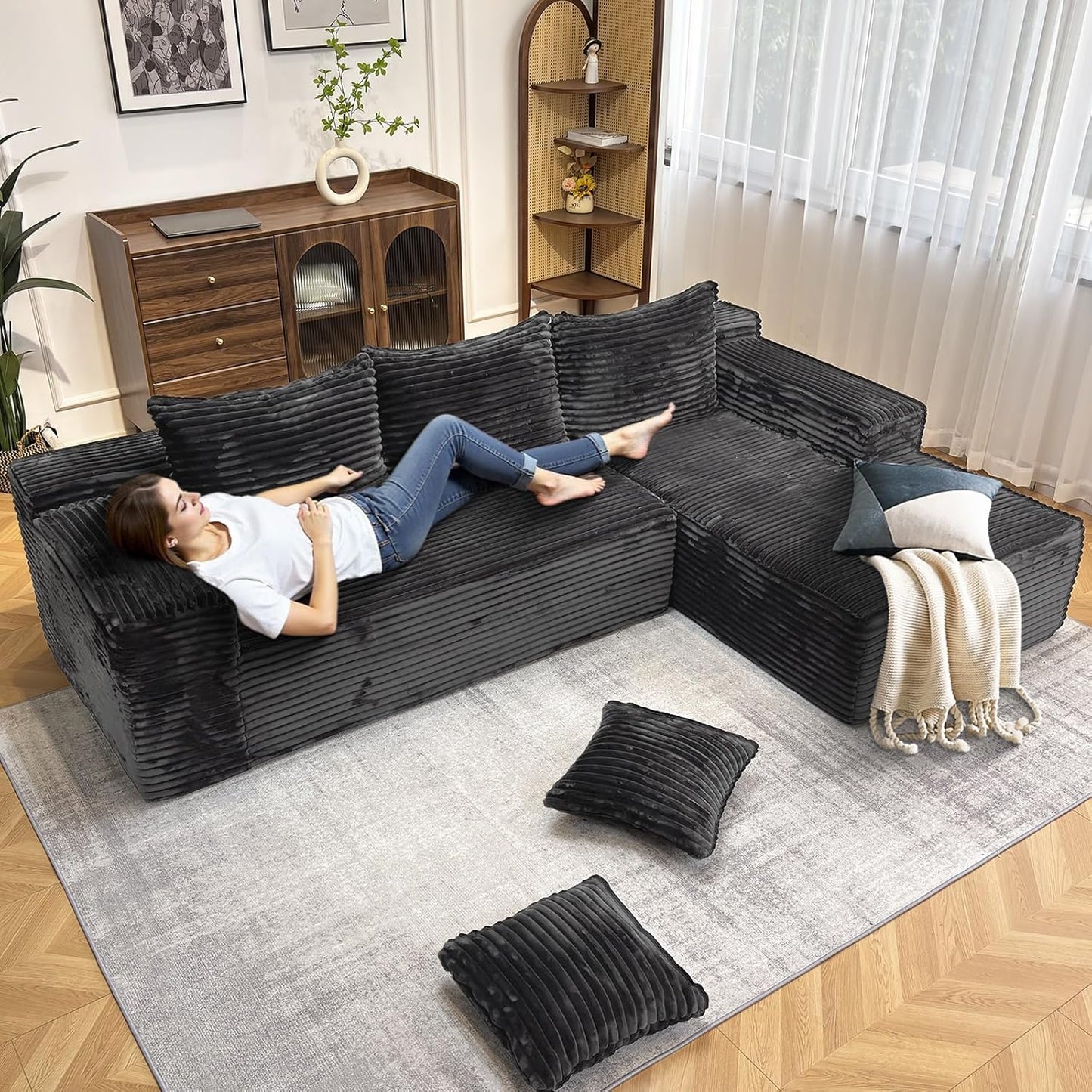 104" Modern Modular L-Shape Sofa Couch with Chaise Grey Faux Rabbit Fur Cloud Sectional Couch with Deep Seat Modular Sectional Sofa No Assembly Required Upholstered Couches for Living Room Bedroom
