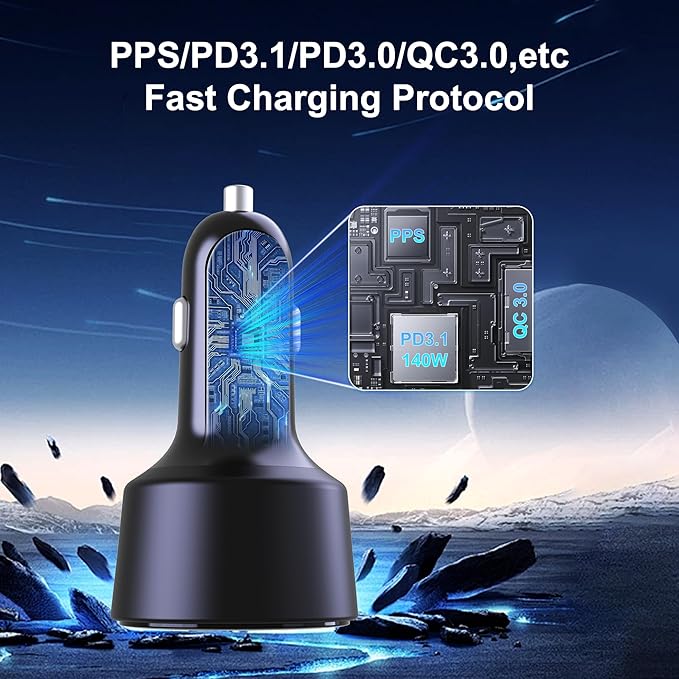 205W USB C Car Charger, 3-Ports PD3.1/PPS/QC3.0 Fast Charging Type C Cigarette - Image 5
