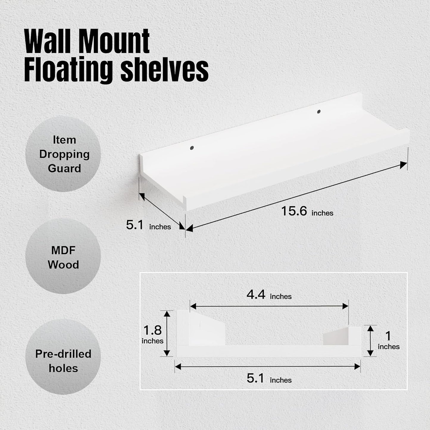 RICHER HOUSE 8 Set Floating Wall Mounted Shelves, Nursery Hanging Book Shelves with Lip for Storage, White Display Picture Ledge Shelf for Bedroom Bathroom Kitchen Living Room Wall Decor, Modern White